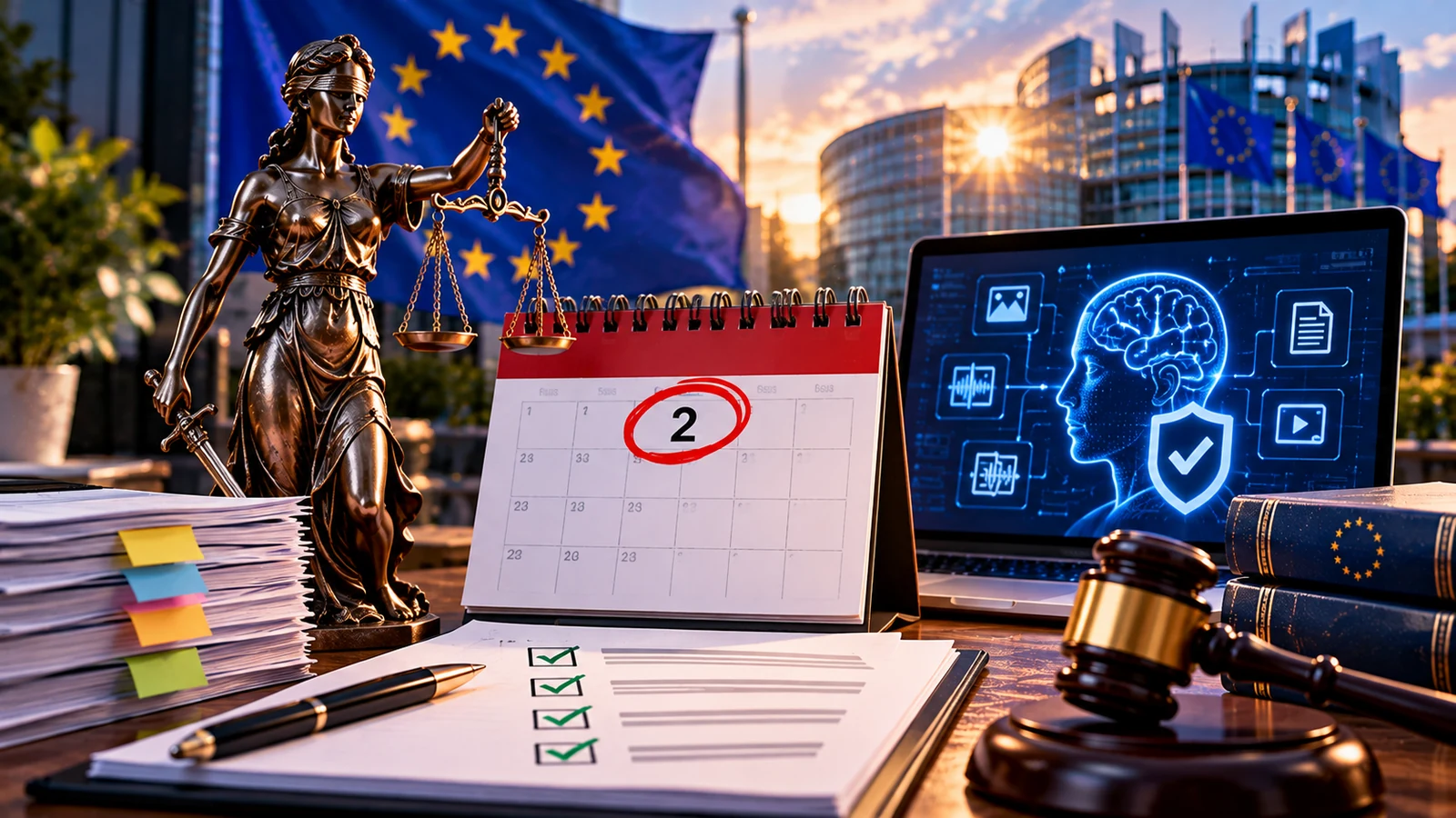 EU-AI-Act-Frist mit Kalender, Justitia, EU-Flaggen und KI-Sicherheitsdarstellung als Symbol für die Übergangsfrist bis 2. Dezember 2026