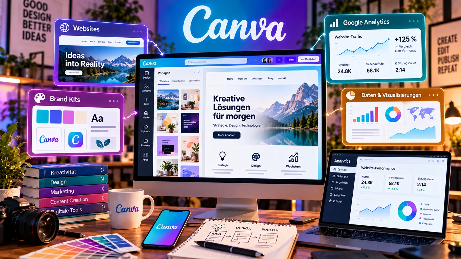 Kreativ-Canvas mit Weblayout, Branding-Bausteinen, Diagrammen und Medien-Assets in einem Workflow.