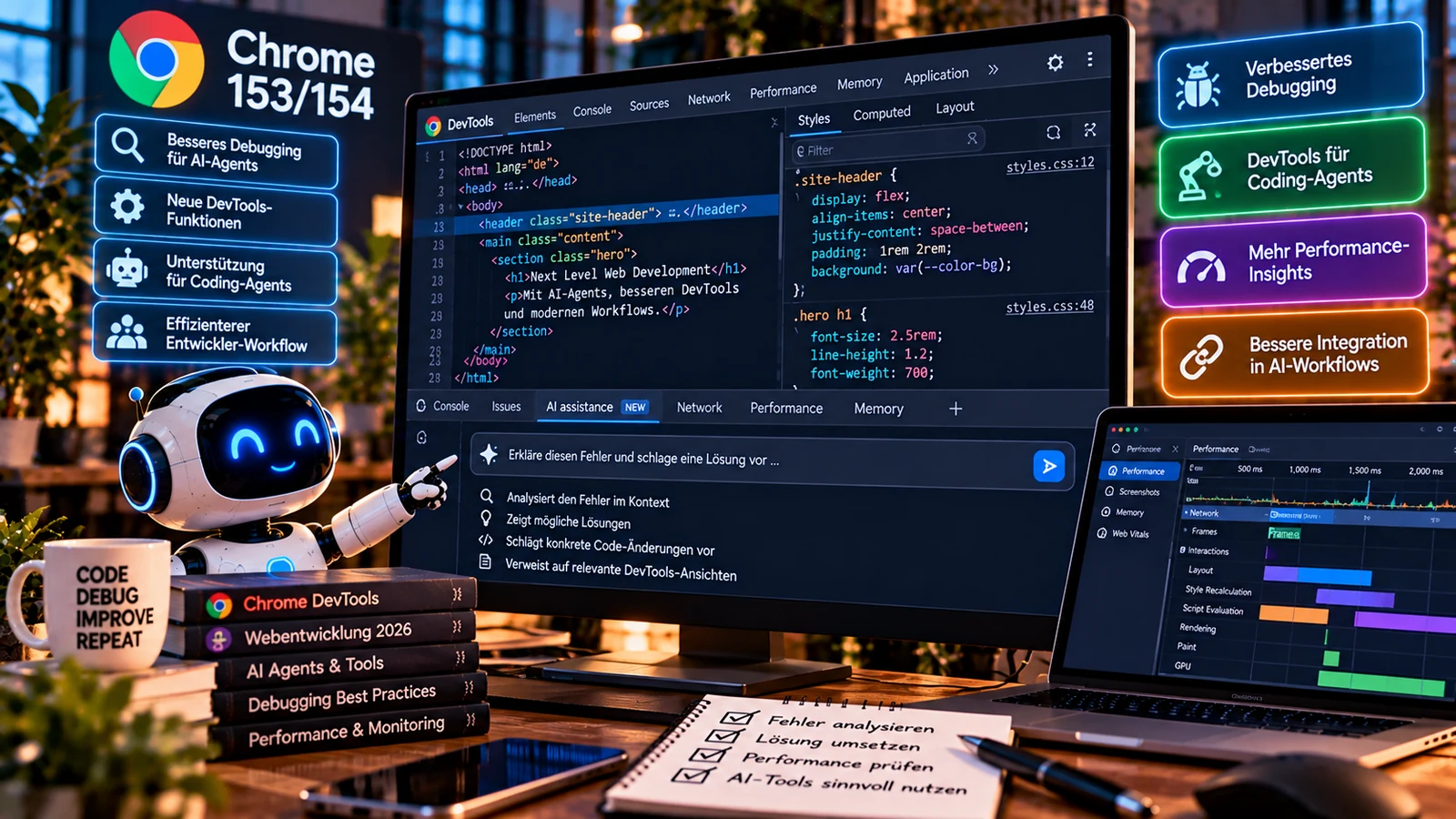 Browser-DevTools mit DOM, Performance-Spuren, Konsole und agentischer Analyse als abstrakte Entwickleroberfläche.