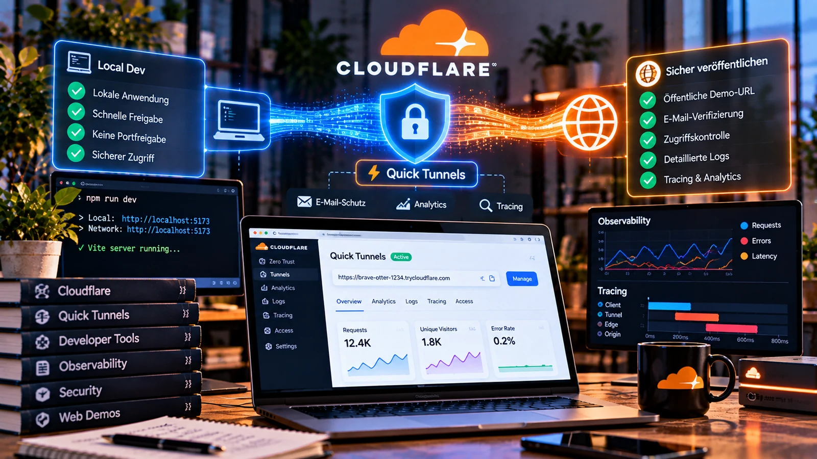 Lokaler Entwicklungsrechner, geschützter Tunnel zur Cloud und Observability-Signale in einer sicheren Verbindung.