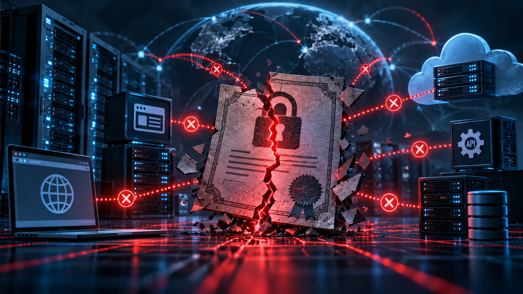 Visualisierung einer unterbrochenen HTTPS-Zertifikatsvertrauenskette zwischen Webservern, APIs und Cloud-Diensten infolge des eMudhra-Sicherheitsvorfalls.