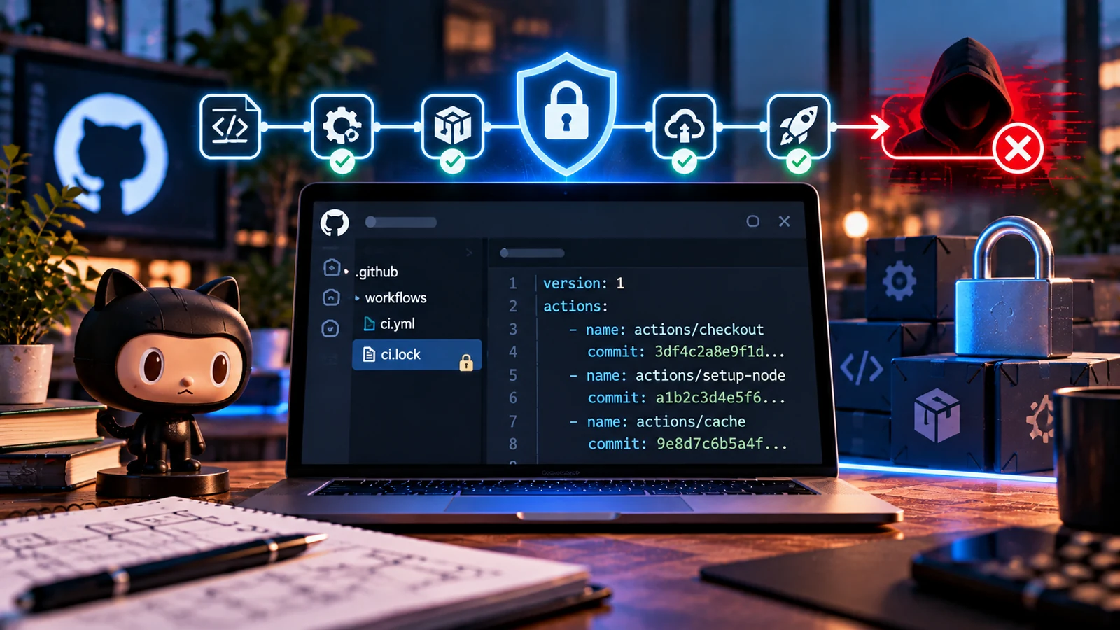GitHub-Actions-Workflow mit Lockfile, festgelegten Commit-Hashes und Sicherheitssymbolen zum Schutz von CI/CD-Pipelines vor manipulierten Abhängigkeiten.