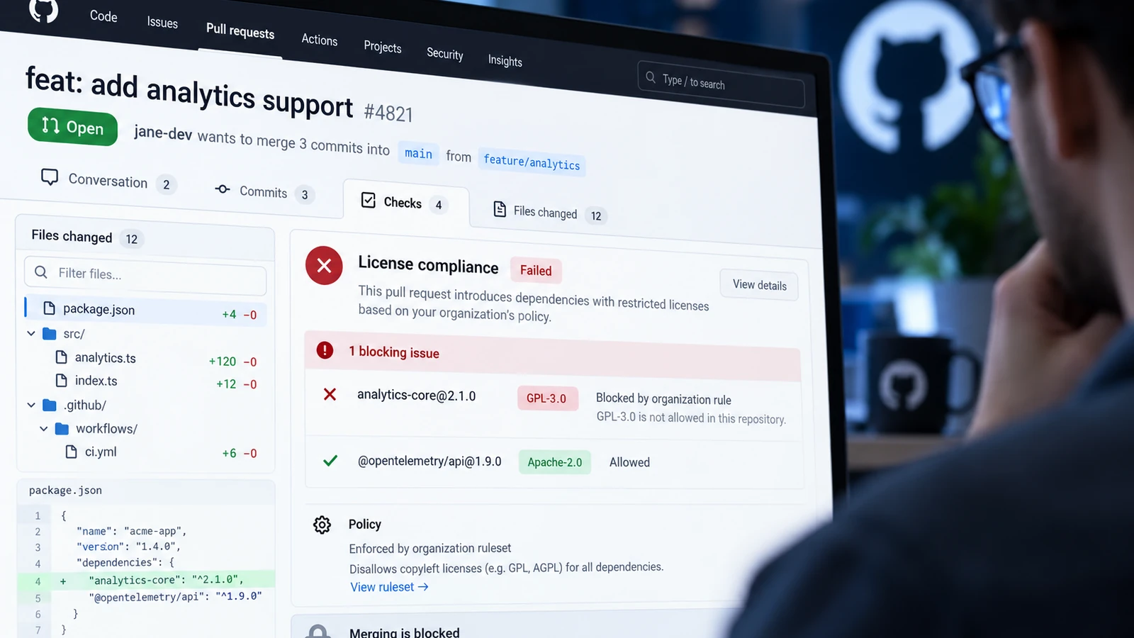 Entwickler betrachtet eine symbolische GitHub-Pull-Request-Ansicht mit fehlgeschlagener Lizenzprüfung, blockierter GPL-3.0-Abhängigkeit und gesperrtem Merge.