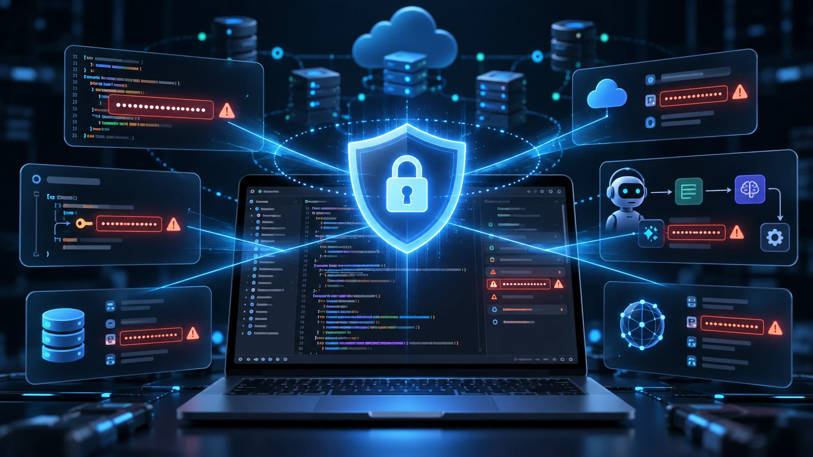 Code-Repository mit geschützten API-Schlüsseln, automatischer Secret-Erkennung und Sicherheitsschild.