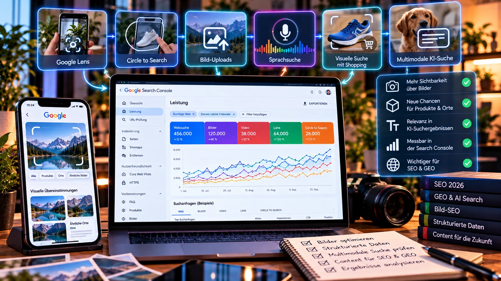 Suchlinse verbindet Bilder, Text, Audio und visuelle Objekte mit Analyse- und Sichtbarkeitssignalen.