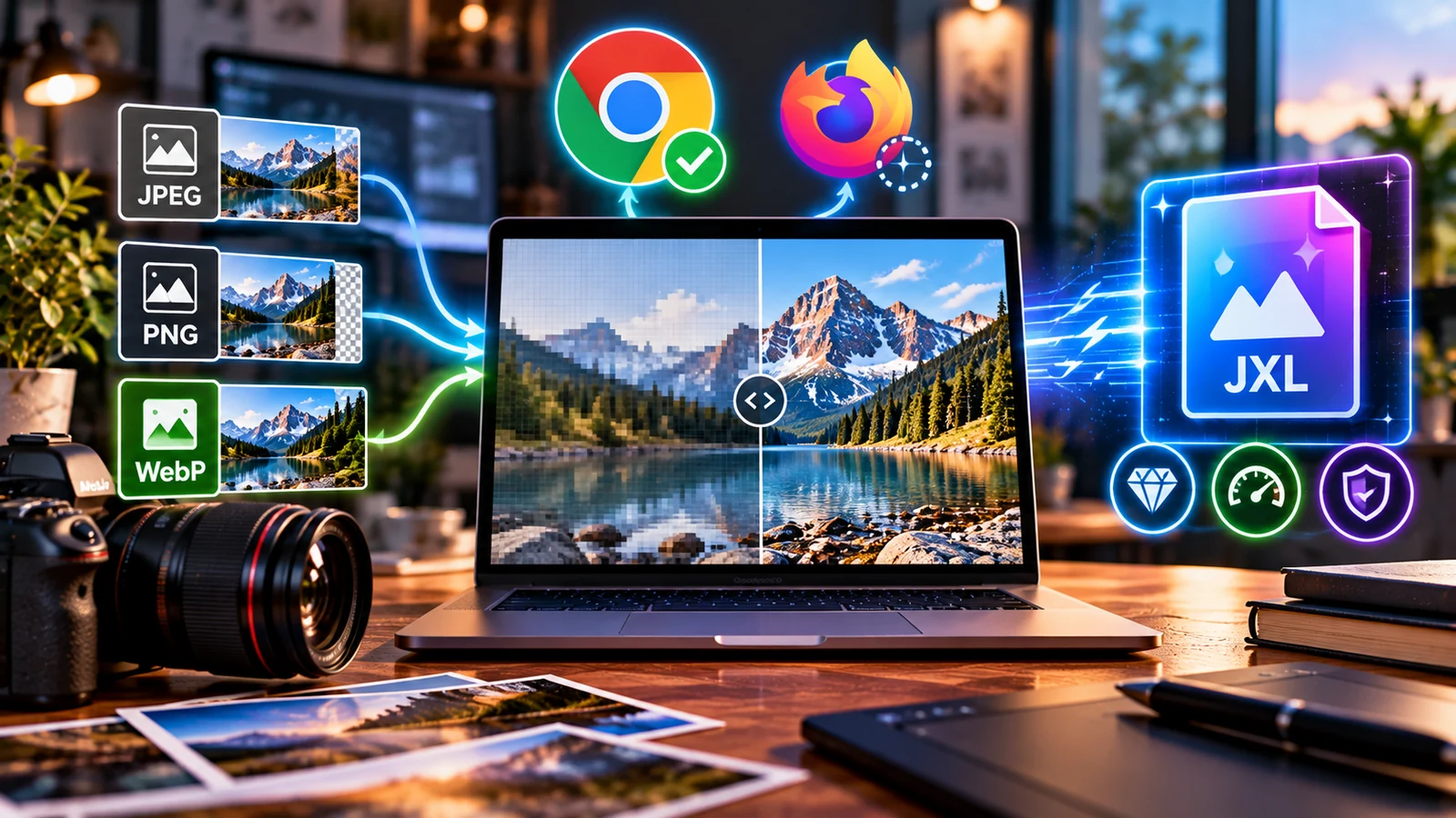 Vergleich verschiedener Web-Bildformate mit JPEG XL, Chrome- und Firefox-Symbolen sowie einer Qualitätsdarstellung zur Bildoptimierung im Web.