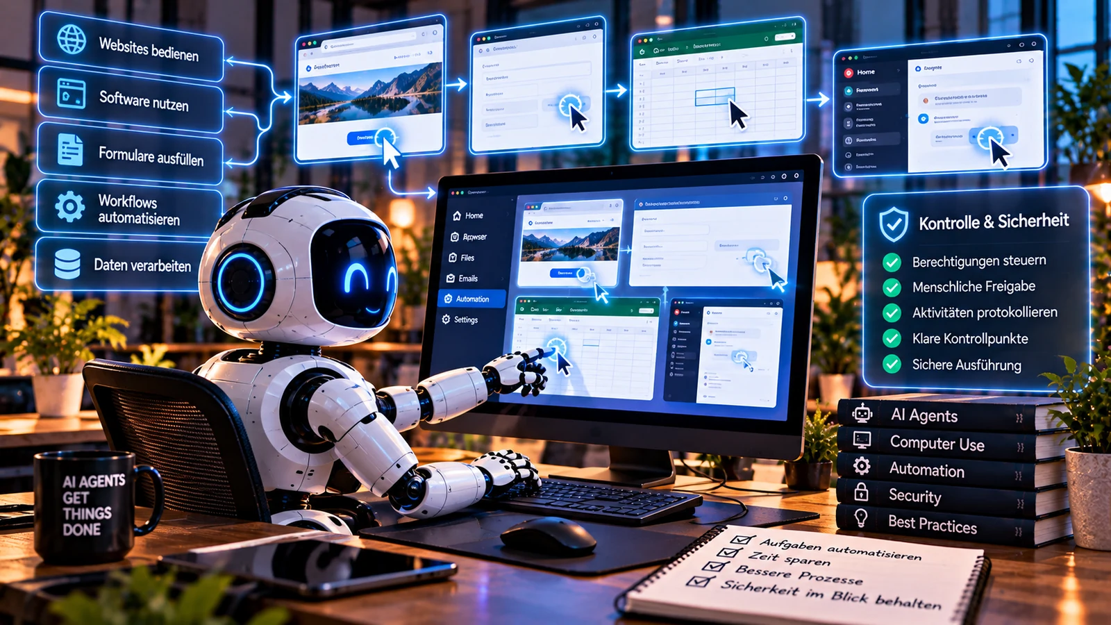 Abstrakte Roboterhand interagiert kontrolliert mit einer Software-Oberfläche und mehreren Tool-Schritten.