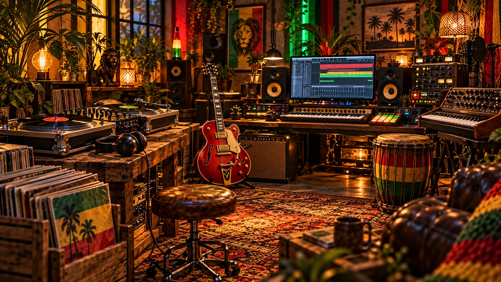 Kreatives Musikstudio mit Hip-Hop-Plattenspielern, roter Rockabilly-E-Gitarre, Reggae-Farben und moderner digitaler Musikproduktion.